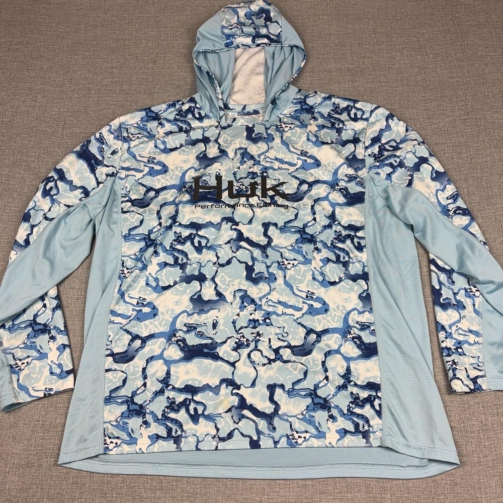 Huk Fishing Shirt Mens 2XL Blue Camo Long Sleeve Hooded Sun Performance Top